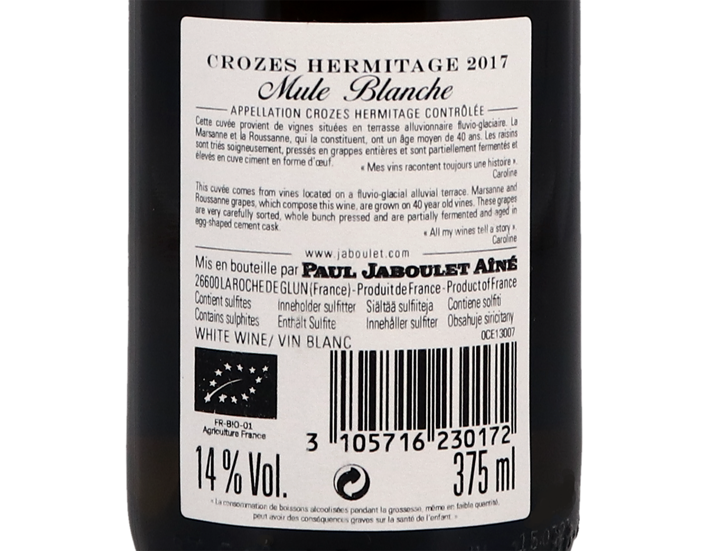Half bottle of Crozes Hermitage Mule Blanche Paul Jaboulet Aine 2017