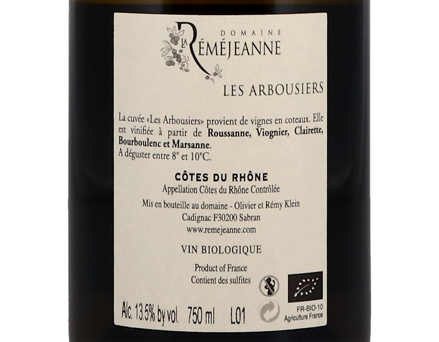 Côtes-du-Rhône Blanc ‘Les Arbousiers', Domaine La Réméjeanne 2018