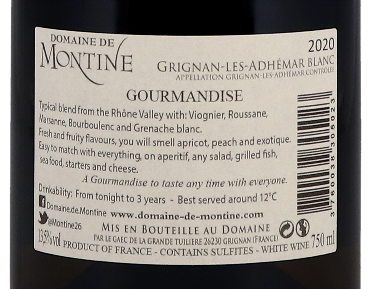 Grignan-les-Adhémar Blanc Cuvée Gourmandise, Domaine de Montine 2020