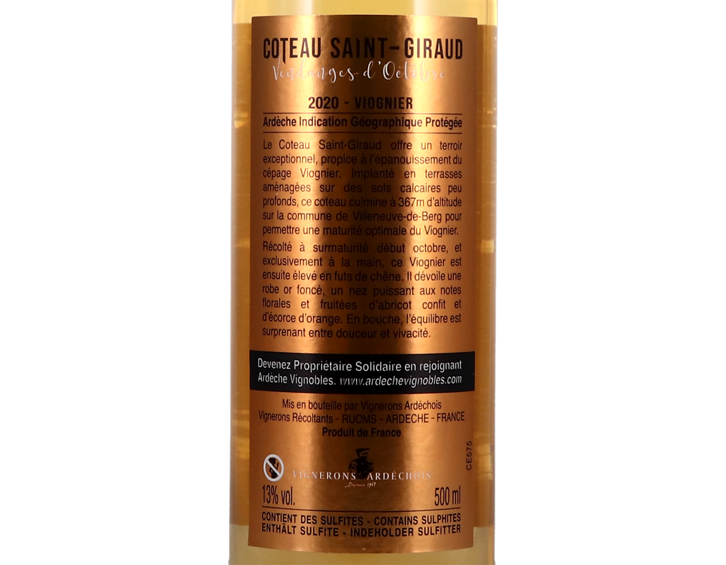 Viognier, Vendanges d'Octobre, Coteau Saint Giraud, IGP Ardèche, Vignerons Ardéchois 2020 50cl