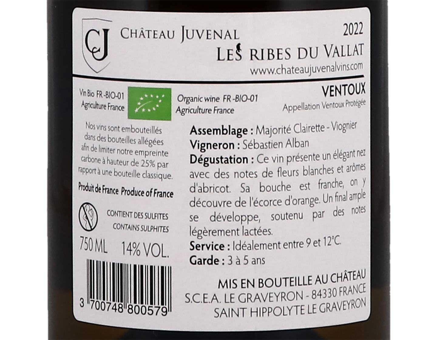 Ventoux Blanc les Ribes du Vallat Chateau Juvenal 2022 ORGANIC