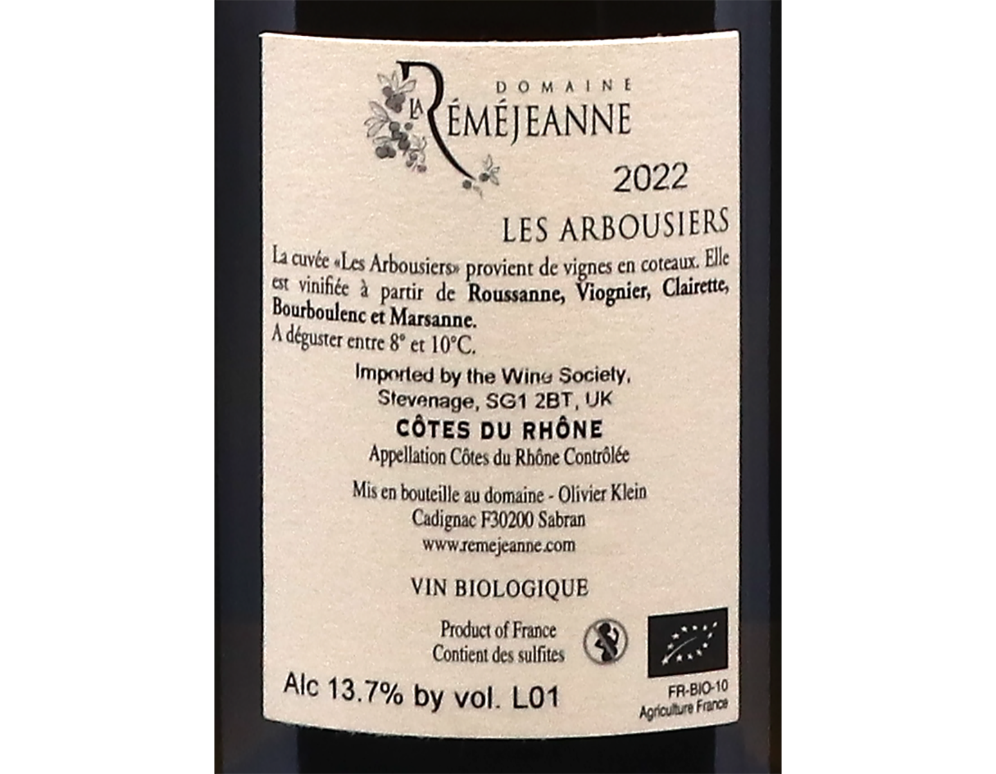 Cotes du Rhone Blanc Les Arbousiers Domaine La Remejeanne 2022 ORGANIC White