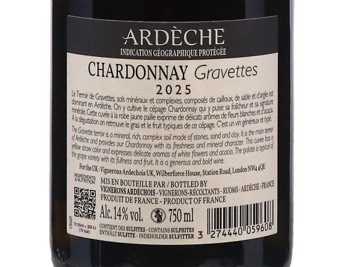 Chardonnay les Gravettes IGP Ardeche Vignerons Ardechois 2025
