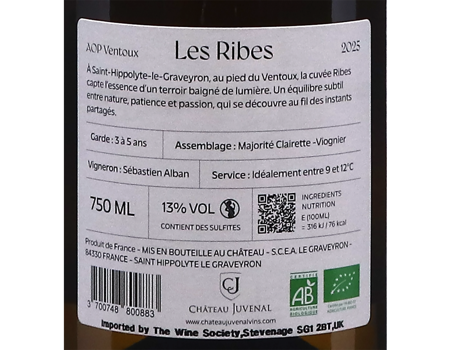 Ventoux Blanc les Ribes du Vallat Chateau Juvenal 2025 ORGANIC