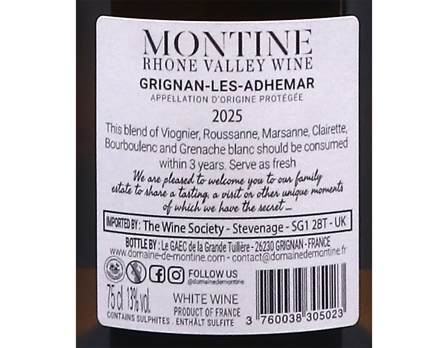 Grignan les Adhemar Blanc Cuvee Gourmandise Domaine de Montine 2025