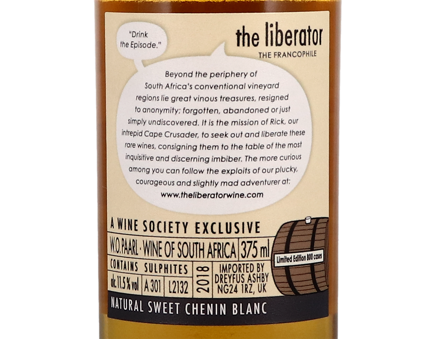 Half bottle of The Liberator 'The Francophile' Natural Sweet Chenin Blanc, Paarl 2018