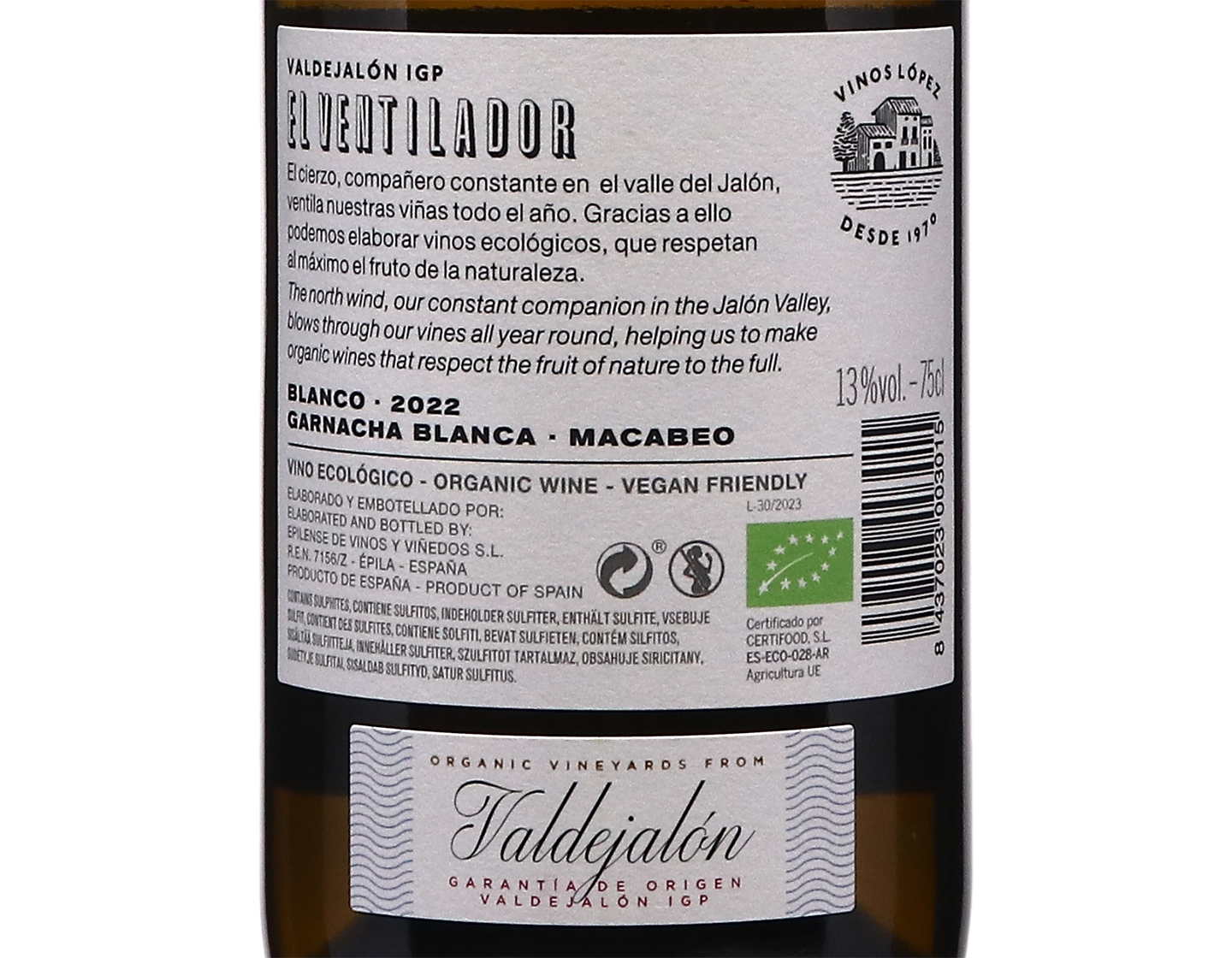 Vinos Lopez El Ventilador Garnacha Blanca Valdejalon 2022 ORGANIC