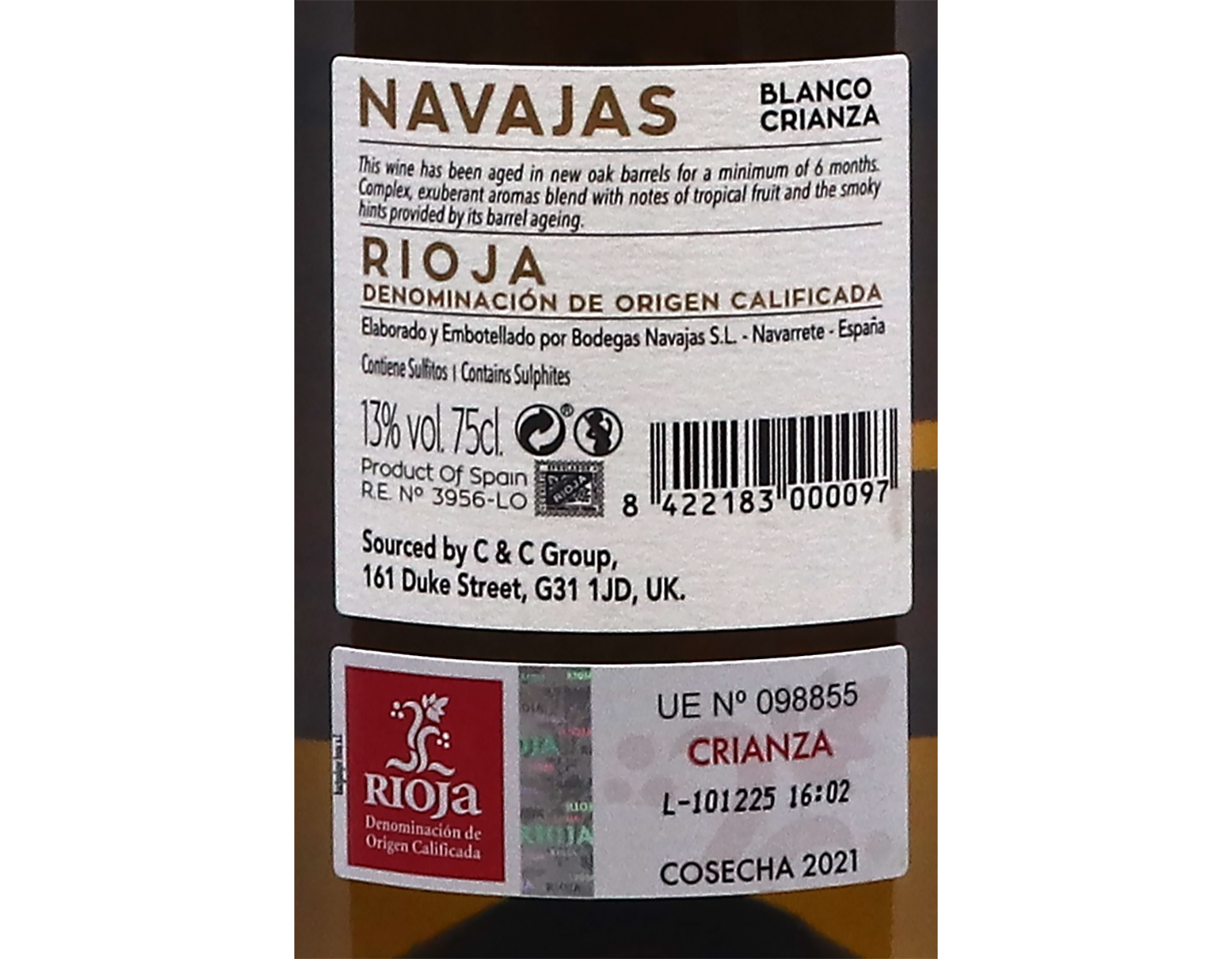 Navajas Blanco Crianza, Rioja 2021