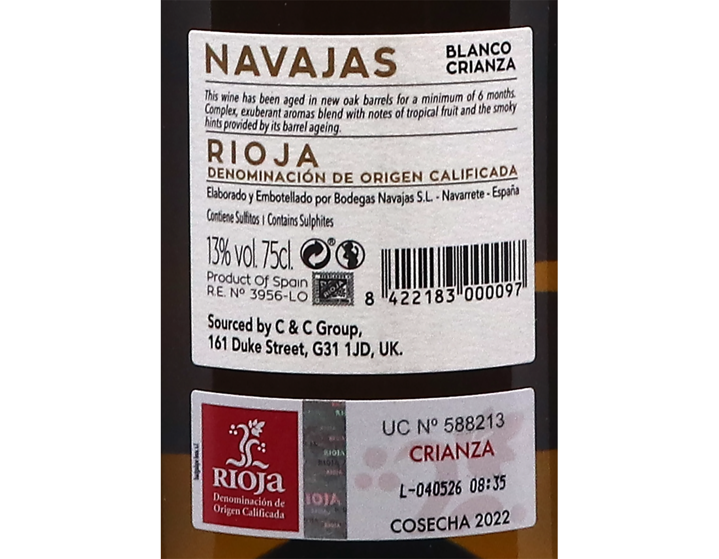 Navajas Blanco Crianza, Rioja 2022