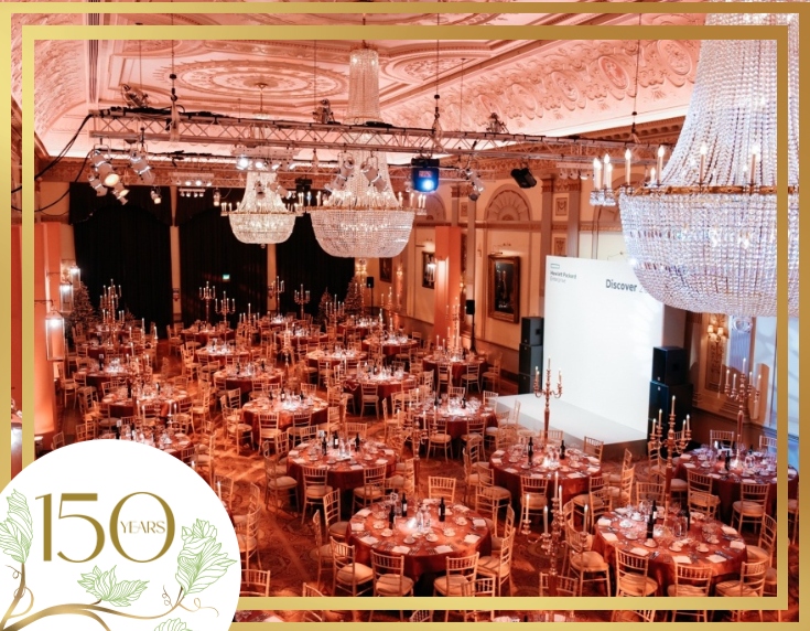 Internal shot of Plaisterers Hall London set up for a dinner