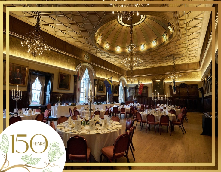 Internal shot of Trades Hall Glasgow set up for a dinner