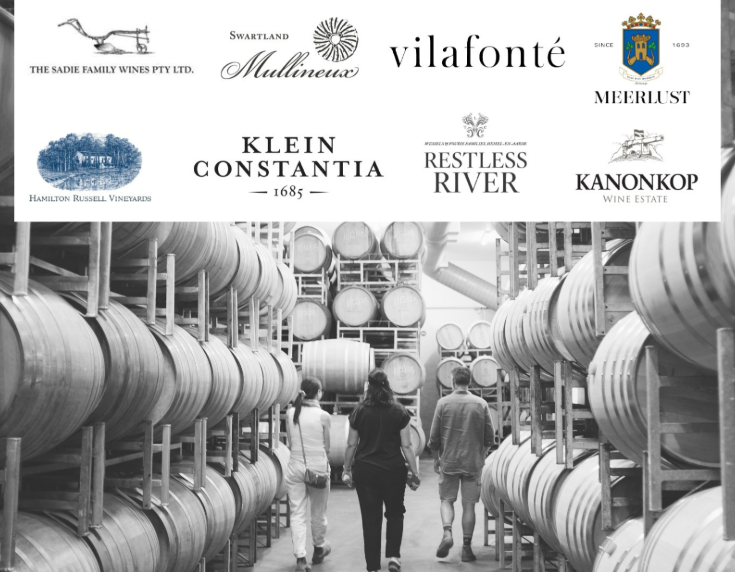 Black and white cellar image with winery logo banner