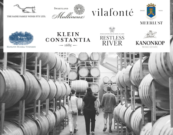Black and white cellar image with winery logo banner